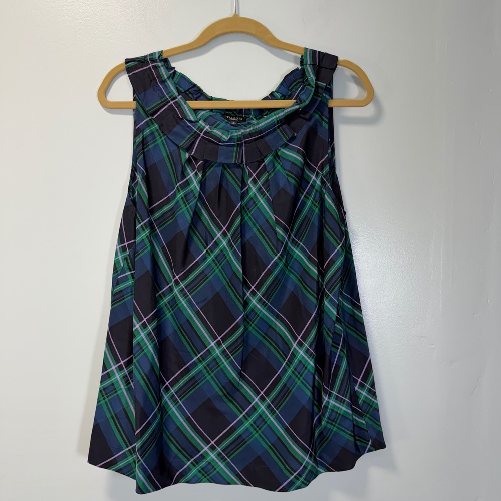Talbots Silk Plaid Sleeveless Ruffle Neck Lightweight Blouse Green Blue 16